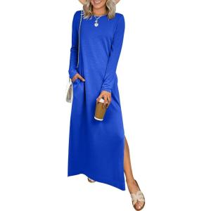imageANRABESS Women Long Sleeve Dresses 2025 Fall Casual Crewneck Loose Fit Split Flowy WrinkleFree Travel Vacation Maxi DressRoyal Blue