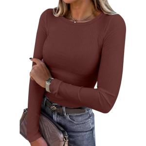 imageANRABESS Women Long Sleeve Shirts Rib Knit Slim Fit Tops Basic Tee 2025 Fall Outfits Casual TShirt Underscrubs Layer ClothesRed Brown