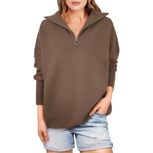 imageANRABESS Women Quarter Zip Oversized Casual Loose Rib Knit Cozy Pullover Sweaters Top 2025 Fall Fashion Outfits ClothesAlmond