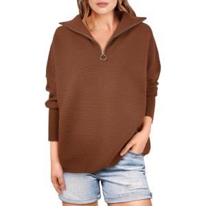 imageANRABESS Women Quarter Zip Oversized Casual Loose Rib Knit Cozy Pullover Sweaters Top 2025 Fall Fashion Outfits ClothesCaramel
