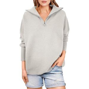 imageANRABESS Women Quarter Zip Oversized Casual Loose Rib Knit Cozy Pullover Sweaters Top 2025 Fall Fashion Outfits ClothesGray
