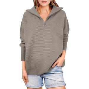 imageANRABESS Women Quarter Zip Oversized Casual Loose Rib Knit Cozy Pullover Sweaters Top 2025 Fall Fashion Outfits ClothesGray Khaki