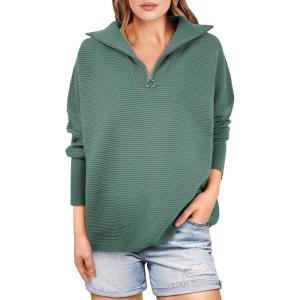 imageANRABESS Women Quarter Zip Oversized Casual Loose Rib Knit Cozy Pullover Sweaters Top 2025 Fall Fashion Outfits ClothesGreen