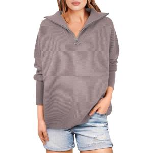 imageANRABESS Women Quarter Zip Oversized Casual Loose Rib Knit Cozy Pullover Sweaters Top 2025 Fall Fashion Outfits ClothesRed Apricot