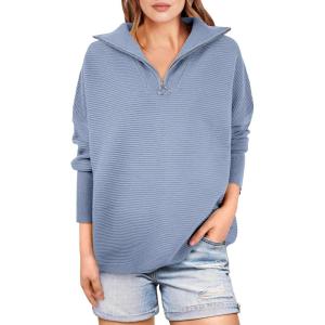 imageANRABESS Women Quarter Zip Oversized Casual Loose Rib Knit Cozy Pullover Sweaters Top 2025 Fall Fashion Outfits ClothesSmoky Blue