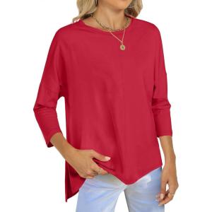 imageANRABESS Womens 34 Length Sleeve Tops Loose Fit Tunic Shirts Oversized Spring Summer Casual Crew Neck Basic Boxy TeeRed