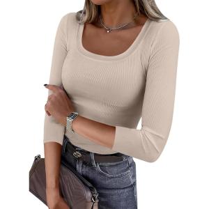 imageANRABESS Womens 34 Sleeve Scoop Neck Tops Ribbed Knit Slim Fitted Casual Basic Tee Shirts 2025 Fall Trendy Going Out TShirtBeige
