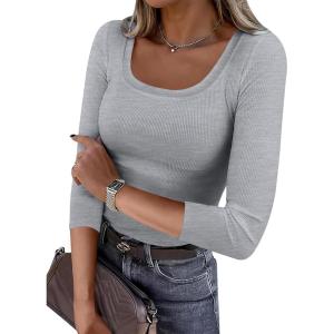 imageANRABESS Womens 34 Sleeve Scoop Neck Tops Ribbed Knit Slim Fitted Casual Basic Tee Shirts 2025 Fall Trendy Going Out TShirtGrey