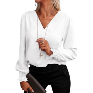 imageANRABESS Womens Business Casual Tops V Neck Puff Long Sleeve Shirts Dressy Office Work Blouse 2025 Fall Outfits ClothesWhite