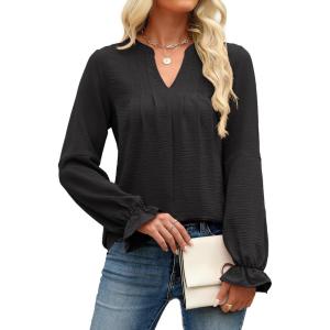 imageANRABESS Womens Dressy Casual Blouses V Neck Long Sleeve 2025 Fall Loose Fit Tunic Tops Pleated T Shirts Trendy OutfitsBlack