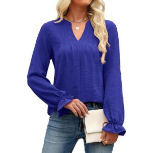 imageANRABESS Womens Dressy Casual Blouses V Neck Long Sleeve 2025 Fall Loose Fit Tunic Tops Pleated T Shirts Trendy OutfitsRoyal Blue