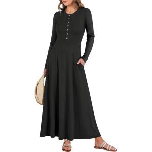 imageANRABESS Womens Long Sleeve Maxi Dress 2025 Fall Casual Button Fit ampamp Flare ALine Swing Flowy Long Dresses Trendy OutfitsBlack