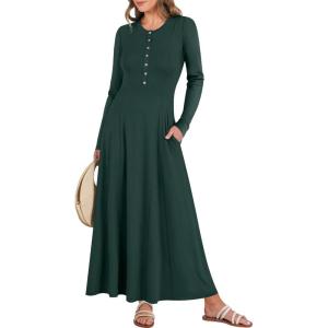 imageANRABESS Womens Long Sleeve Maxi Dress 2025 Fall Casual Button Fit ampamp Flare ALine Swing Flowy Long Dresses Trendy OutfitsDeep Green
