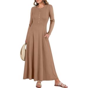imageANRABESS Womens Long Sleeve Maxi Dress 2025 Fall Casual Button Fit ampamp Flare ALine Swing Flowy Long Dresses Trendy OutfitsKhaki