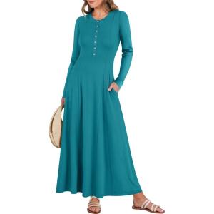 imageANRABESS Womens Long Sleeve Maxi Dress 2025 Fall Casual Button Fit ampamp Flare ALine Swing Flowy Long Dresses Trendy OutfitsLake Green