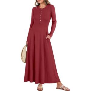 imageANRABESS Womens Long Sleeve Maxi Dress 2025 Fall Casual Button Fit ampamp Flare ALine Swing Flowy Long Dresses Trendy OutfitsRed