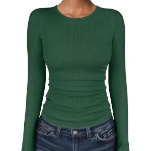 imageANRABESS Womens Long Sleeve Shirts Crewneck Ribbed Knitted Slim Fitted Tops Basic Tee 2025 Fall Outfits Dressy Casual BlouseDeep Green
