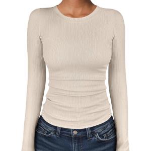 imageANRABESS Womens Long Sleeve Shirts Crewneck Ribbed Knitted Slim Fitted Tops Basic Tee 2025 Fall Outfits Dressy Casual BlouseParchment