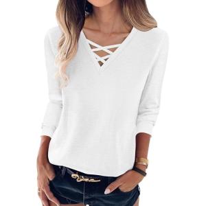 imageANRABESS Womens Long Sleeve Shirts V Neck Criss Cross Loose Fit Tops 2025 Fall Trendy Tees Dressy Casual Blouses TShirtsWhite
