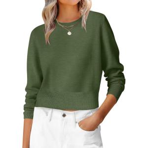 imageANRABESS Womens Long Sleeve Sweaters Cropped Crew Neck Business Casual Light Weight Sweater Tops Fall Fashion Clothes 2025Army Green