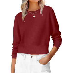 imageANRABESS Womens Long Sleeve Sweaters Cropped Crew Neck Business Casual Light Weight Sweater Tops Fall Fashion Clothes 2025Brick Red