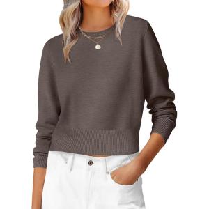 imageANRABESS Womens Long Sleeve Sweaters Cropped Crew Neck Business Casual Light Weight Sweater Tops Fall Fashion Clothes 2025Coffee