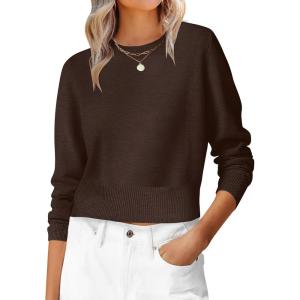 imageANRABESS Womens Long Sleeve Sweaters Cropped Crew Neck Business Casual Light Weight Sweater Tops Fall Fashion Clothes 2025Deep Coffee