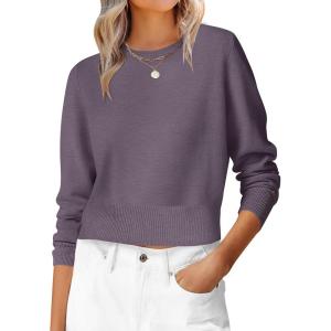 imageANRABESS Womens Long Sleeve Sweaters Cropped Crew Neck Business Casual Light Weight Sweater Tops Fall Fashion Clothes 2025Deep Purple