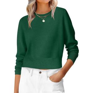 imageANRABESS Womens Long Sleeve Sweaters Cropped Crew Neck Business Casual Light Weight Sweater Tops Fall Fashion Clothes 2025Forest Deep Green