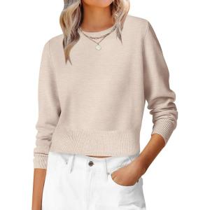imageANRABESS Womens Long Sleeve Sweaters Cropped Crew Neck Business Casual Light Weight Sweater Tops Fall Fashion Clothes 2025Light Peach Almond