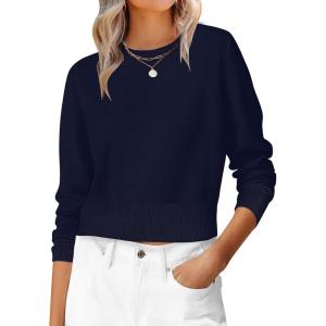 imageANRABESS Womens Long Sleeve Sweaters Cropped Crew Neck Business Casual Light Weight Sweater Tops Fall Fashion Clothes 2025Navy Blue