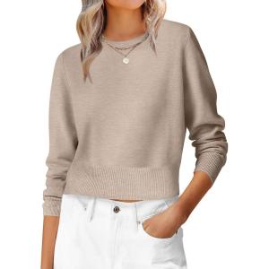 imageANRABESS Womens Long Sleeve Sweaters Cropped Crew Neck Business Casual Light Weight Sweater Tops Fall Fashion Clothes 2025Tan