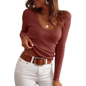 imageANRABESS Womens Ribbed Fitted Sweater Long Sleeve Shirts Scoop Neck Lightweight Casual Knit Slim Tops 2025 Fall OutfitsRust