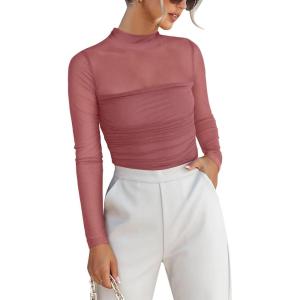 imageANRABESS Womens Sexy Mesh Long Sleeve Shirts Trendy Mock Neck Sheer Ruched Going Out Tops Fall Slim Fit Blouses 2025Dusty Pink