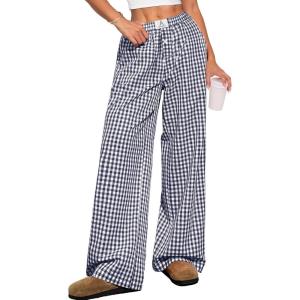 imageANRABESS Womens Striped Gingham Pants 2025 Pajama Lounge Boxer Pants Cute Comfy PJ Bottoms with Pockets Y2K Plaid OutfitsNavy Blue White Plaid
