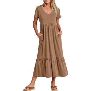 imageANRABESS Womens Summer Casual Short Sleeve T Shirts Maxi Dress Flowy V Neck Tiered Beach Vacation Sundress 2025 OutfitsLight Brown