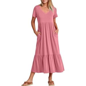 imageANRABESS Womens Summer Casual Short Sleeve T Shirts Maxi Dress Flowy V Neck Tiered Beach Vacation Sundress 2025 OutfitsPink