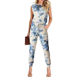 imageANRABESS Womens Summer Sleeveless Jumpsuits Casual Dressy Stretchy Crewneck Rompers One Piece Outfits Fall Fashion 2025Tie Dye Yellow