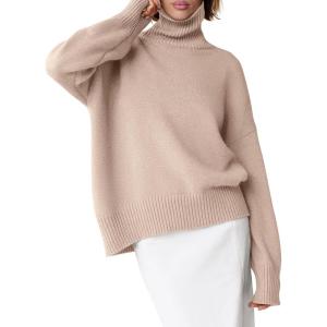 imageANRABESS Womens Turtleneck Sweaters Oversized Chunky Long Sleeve Knit High Low Hem Pullover Top 2025 Fall Winter FashionBright Tan