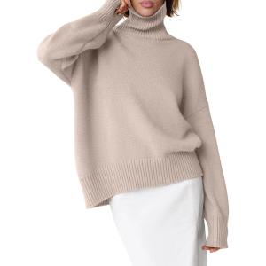 imageANRABESS Womens Turtleneck Sweaters Oversized Chunky Long Sleeve Knit High Low Hem Pullover Top 2025 Fall Winter FashionLight Khaki