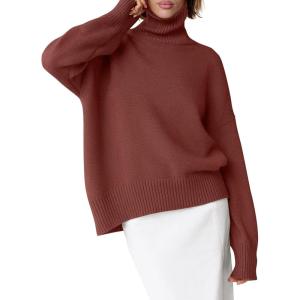 imageANRABESS Womens Turtleneck Sweaters Oversized Chunky Long Sleeve Knit High Low Hem Pullover Top 2025 Fall Winter FashionRust