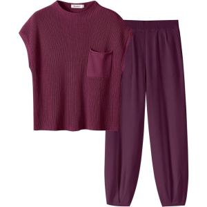 imageANRABESS Womens Two Piece Outfits Knit Sweater Vest Crop Top Pants Lounge Matching Tracksuit Sweatsuit Travel Clothes SetsBurgundy