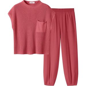 imageANRABESS Womens Two Piece Outfits Knit Sweater Vest Crop Top Pants Lounge Matching Tracksuit Sweatsuit Travel Clothes SetsHot Pink