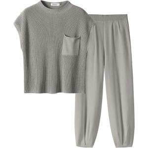 imageANRABESS Womens Two Piece Outfits Knit Sweater Vest Crop Top Pants Lounge Matching Tracksuit Sweatsuit Travel Clothes SetsLight Grey