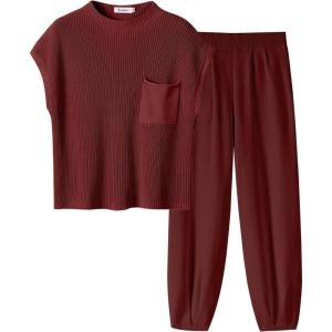 imageANRABESS Womens Two Piece Outfits Knit Sweater Vest Crop Top Pants Lounge Matching Tracksuit Sweatsuit Travel Clothes SetsMaroon Red