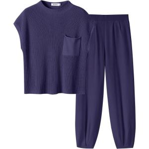 imageANRABESS Womens Two Piece Outfits Knit Sweater Vest Crop Top Pants Lounge Matching Tracksuit Sweatsuit Travel Clothes SetsPurple