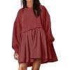 imageANRABESS Women Sweatshirts Dress Oversized Long Sleeve Patchwork Casual Loose Pleated Pullover Mini Dress Fall Outfits 2025Brick Red