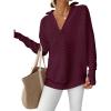 imageANRABESS Womens Long Sleeve Quarter Zip Pullover Sweater Casual Loose V Neck Collared Ribbed Knit Jumper Tops Thumb HoleWine Red
