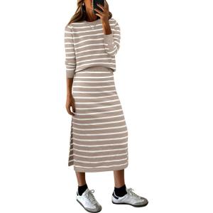 imageANRABESS 2 Piece Skirts Sets For Women Fall Fashion 2025 Striped Sweater Midi Dress Knit Lounge Travel Outfits Winter ClothesAlmond White