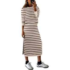 imageANRABESS 2 Piece Skirts Sets For Women Fall Fashion 2025 Striped Sweater Midi Dress Knit Lounge Travel Outfits Winter ClothesBeige Black